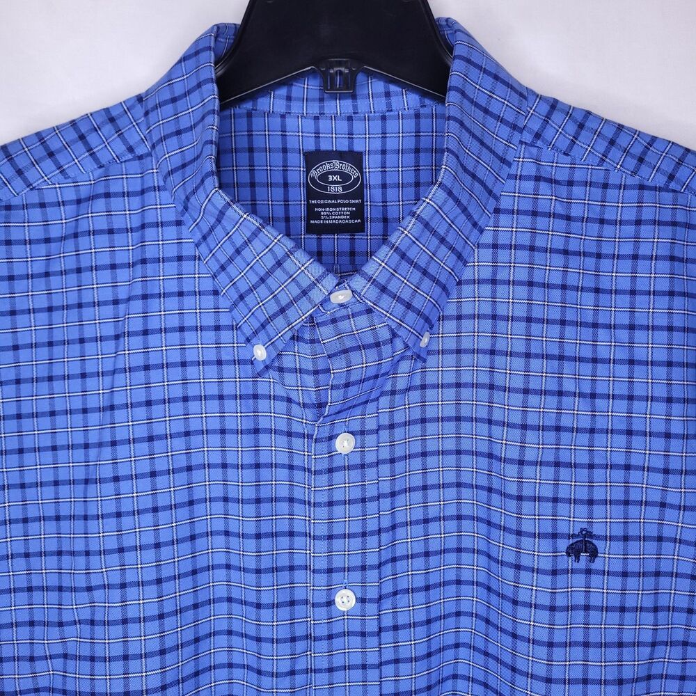 Brooks Brothers Shirt Mens 3XL Plaid Blue Non Iron Stretch